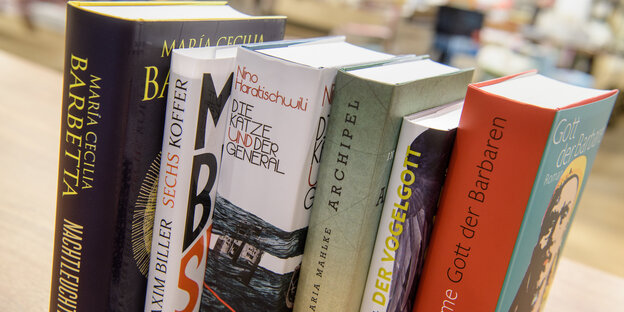 Sechs Bücher nebeneinander aufgestellt Sechs Bücher nebeneinander aufgestellt