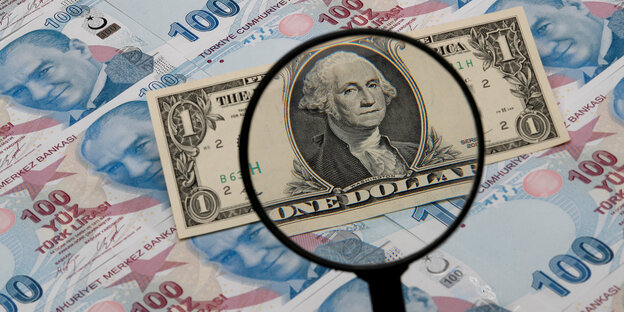 Lupe vergrößert Dollarnote auf Lirascheinen Lupe vergrößert Dollarnote auf Lirascheinen