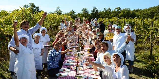 Mehrere Menschen stehen an einer langen Tafel in schöner Weinberg-Landschaft und prosten dem Betrachter zu Mehrere Menschen stehen an einer langen Tafel in schöner Weinberg-Landschaft und prosten dem Betrachter zu