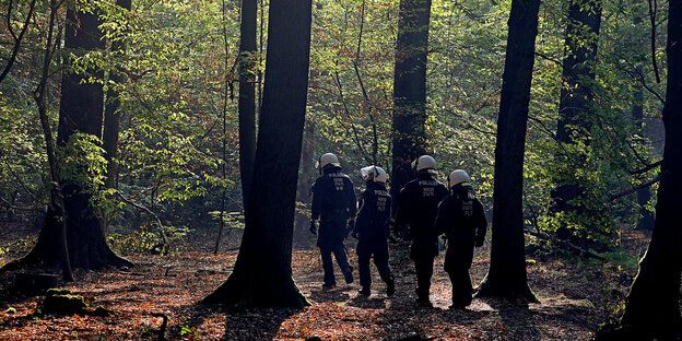 Polizisten mit weißen Helmen stehen in einem Wald Polizisten mit weißen Helmen stehen in einem Wald