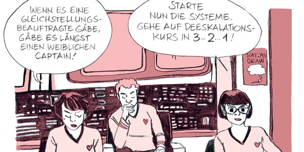 Eine Comiczeichnung zeigt eine Szene aus dem Raumschiff Enterprise. Eine Comiczeichnung zeigt eine Szene aus dem Raumschiff Enterprise.