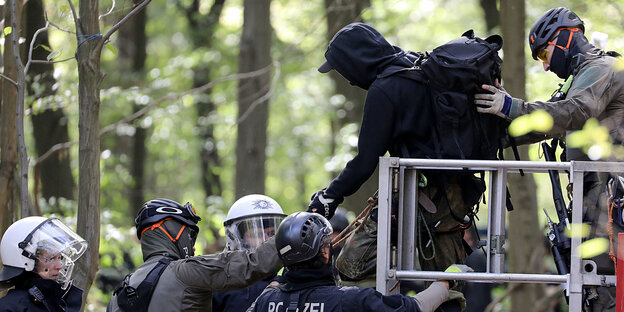 Im Hambacher Forst begleiten Polizisten eine Person von einer Plattform Im Hambacher Forst begleiten Polizisten eine Person von einer Plattform