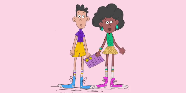 Illustration von zwei jungen Menschen mit Wahlzettel aus dem „Swipe the vote“-Video von Tinder und „Rock the vote“ Illustration von zwei jungen Menschen mit Wahlzettel aus dem „Swipe the vote“-Video von Tinder und „Rock the vote“