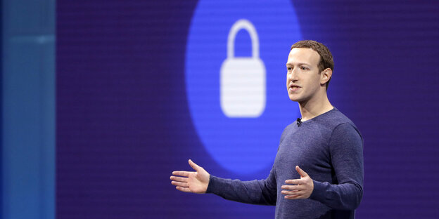 Mark Zuckerberg vor einem Datenschutz-Schloss-Symbol Mark Zuckerberg vor einem Datenschutz-Schloss-Symbol
