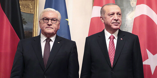 Frank-Walter Steinmeier und Recep Tayyip Erdoğan posieren vor ihren Landesflaggen für ein ofizielles Foto Frank-Walter Steinmeier und Recep Tayyip Erdoğan posieren vor ihren Landesflaggen für ein ofizielles Foto