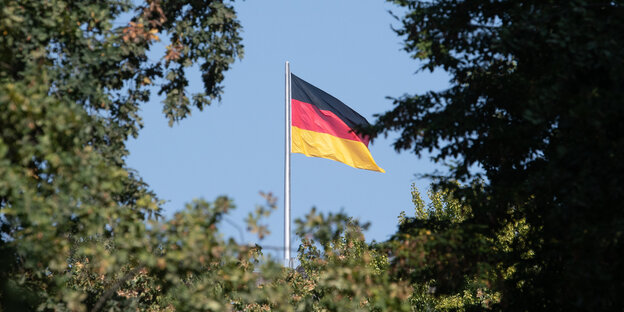 Eine Deutschlandfahne hinter Bäumen Eine Deutschlandfahne hinter Bäumen