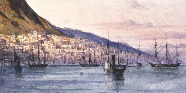 Ausschnitt aus einem Gemälde des französischen Malers Jean Henri Zuber. Es zeigt Hongkong 1885 Ausschnitt aus einem Gemälde des französischen Malers Jean Henri Zuber. Es zeigt Hongkong 1885