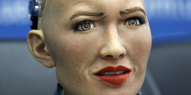 Das weiblich gestaltete Gesicht eines Roboters sieht skeptisch aus Das weiblich gestaltete Gesicht eines Roboters sieht skeptisch aus