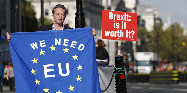 Ein Brexitgegner protestiert mit EU-Flagge Ein Brexitgegner protestiert mit EU-Flagge