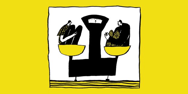 Eine Illustration zeigt eine Wage mit Wagschalen, die ausgependelt sind, in jeder Wagschale sitzt ein Mensch Eine Illustration zeigt eine Wage mit Wagschalen, die ausgependelt sind, in jeder Wagschale sitzt ein Mensch