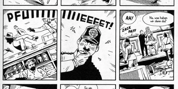 Drei Comicszenen in einem Tanzlokal, hinter der Bar, einem Polzisten, der auf einer Trillerpfeife pfeift und einer verschreckten Tänzerin auf der Bühne Drei Comicszenen in einem Tanzlokal, hinter der Bar, einem Polzisten, der auf einer Trillerpfeife pfeift und einer verschreckten Tänzerin auf der Bühne