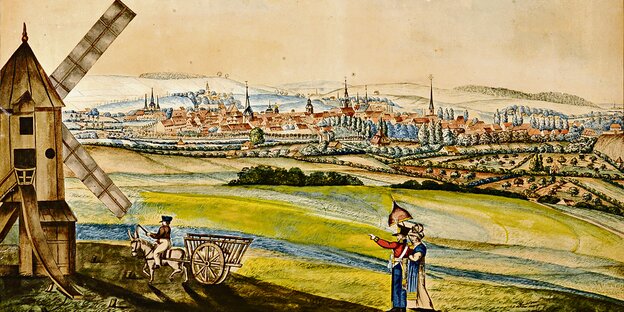 Eine Lithografie, die Hildesheim vom Galgenberg aus zeigt. Eine Lithografie, die Hildesheim vom Galgenberg aus zeigt.