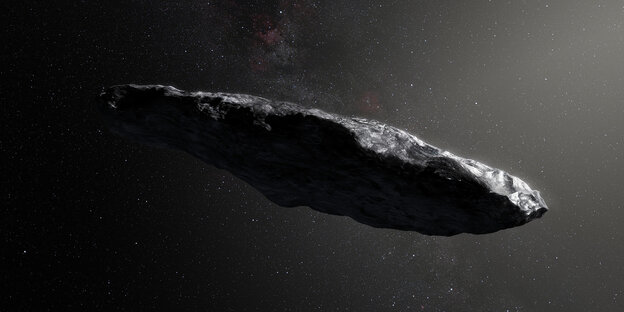 Das intersolare Objekt ´Oumuamua, gezeichnet: eine art flacher grauer Felsbrcken, der im Weltall schwebt