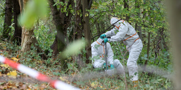 Spezialisten in Schutzanzügen nehmen Proben in der Boberger Niederung. Spezialisten in Schutzanzügen nehmen Proben in der Boberger Niederung.