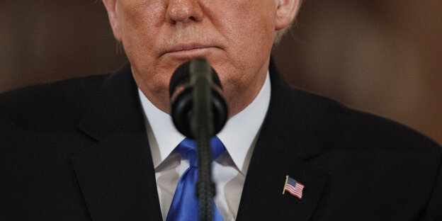 Trumps Unterseite des Gesichts vor einem Mikro Trumps Unterseite des Gesichts vor einem Mikro