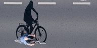 Ein Fahrradfahrer, der einen großen Schatten wirft, aus der Vogelperspektive aufgenommen