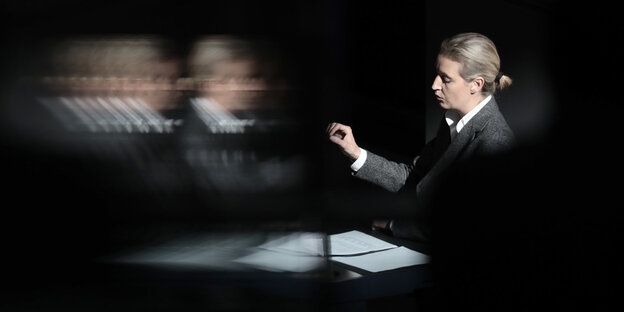 Alice Weidel steht am Mikrofon im Deutschen Bundestag, das Foto enthält einen Spiegelungseffekt Alice Weidel steht am Mikrofon im Deutschen Bundestag, das Foto enthält einen Spiegelungseffekt