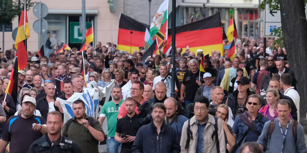 Demonstranten, hauptsächlich Männer, zeigen Deutschlandflaggen Demonstranten, hauptsächlich Männer, zeigen Deutschlandflaggen