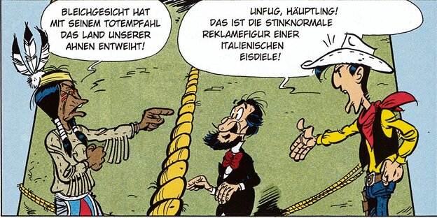Lucky Luke, ein Native American Häuptling und ein dritter Mann befinden sich auf dem Deck eines Schiffes. Der Häuptling klagt die „Bleichgesichter“ an Lucky Luke, ein Native American Häuptling und ein dritter Mann befinden sich auf dem Deck eines Schiffes. Der Häuptling klagt die „Bleichgesichter“ an
