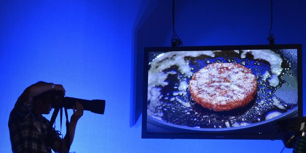 Ein Fotograf vor einem Bildschirm mit brutzelndem Fleisch Ein Fotograf vor einem Bildschirm mit brutzelndem Fleisch
