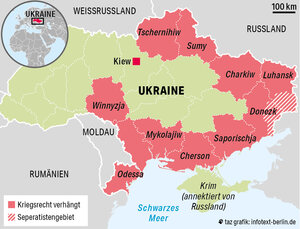 Karte der Ukraine mit den Gebieten, in denen Kriegsrecht verhängt wurde Karte der Ukraine mit den Gebieten, in denen Kriegsrecht verhängt wurde