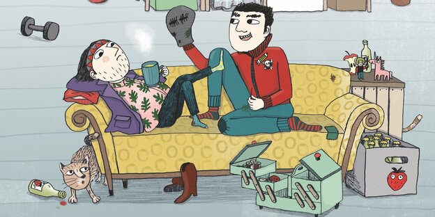 Zeichnung von zwei Menschen, die auf einem Sofa fläzen Zeichnung von zwei Menschen, die auf einem Sofa fläzen