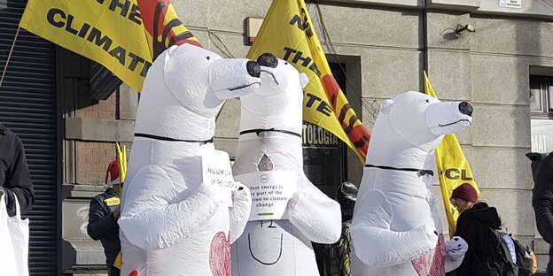 drei Menschen in Eisbärkostümen