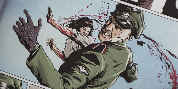 In einem Comic ohrfeigt eine Frau einen Mann, Blut spritzt aus seinem Gesicht In einem Comic ohrfeigt eine Frau einen Mann, Blut spritzt aus seinem Gesicht