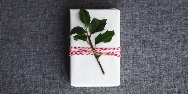 Ein rechteckiges Geschenk ist umwickelt mit rot-weißem Geschenkband. Unter dem Band steckt ein Zweig Grün Ein rechteckiges Geschenk ist umwickelt mit rot-weißem Geschenkband. Unter dem Band steckt ein Zweig Grün