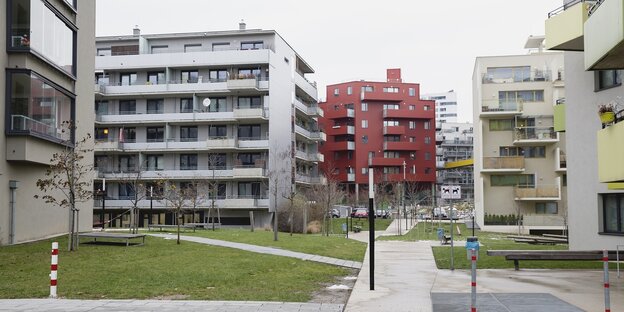 eine Ansammlung neuerer Wohnbauten um eine Grünfläche