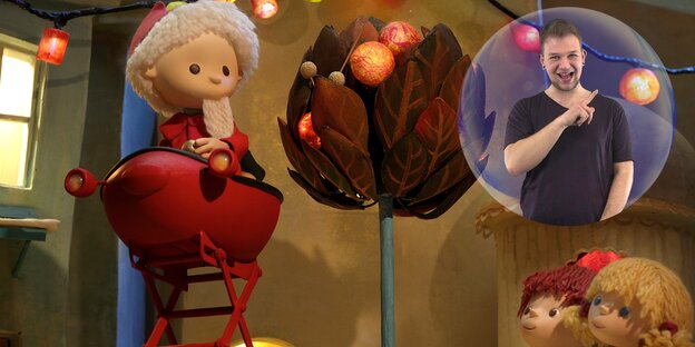 Still aus der Kinderserie Sandmännchen mit Gebärdensprachübersetzung Still aus der Kinderserie Sandmännchen mit Gebärdensprachübersetzung