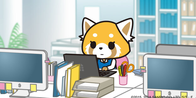 Der Panda Aggretsuko sitzt an seinem Schreibtisch. Der Panda Aggretsuko sitzt an seinem Schreibtisch.