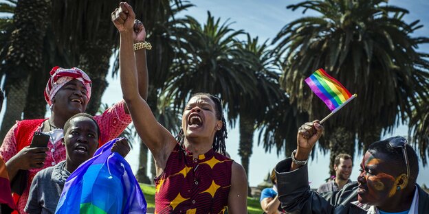 Personen recken ihre Faust und eine Regenbogenflagge nach oben Personen recken ihre Faust und eine Regenbogenflagge nach oben