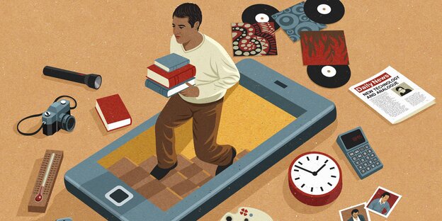 Illustration eines Menschen, der aus einem Smartphone tritt, umgeben von Alltagsgegenständen Illustration eines Menschen, der aus einem Smartphone tritt, umgeben von Alltagsgegenständen