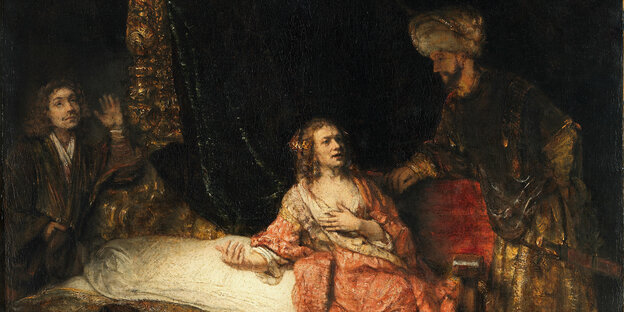 Das Gemälde zeigt Josef, Potiphars Frau und Potiphar. Wollte Josef sie vergewaltigen? Das Gemälde zeigt Josef, Potiphars Frau und Potiphar. Wollte Josef sie vergewaltigen?