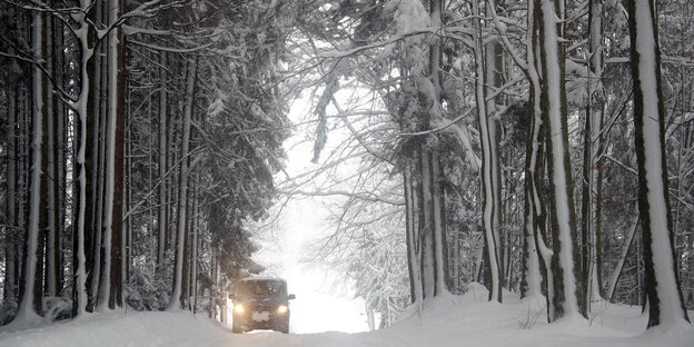 Ein Auto fährt durch einen verschneiten Wald in Süddeutschland Ein Auto fährt durch einen verschneiten Wald in Süddeutschland
