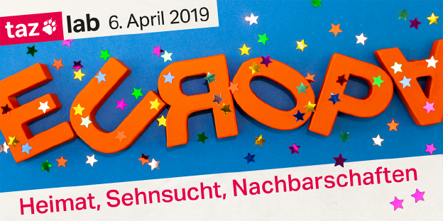 Oben im Bild steht: taz lab 6. April 2019, darunter sieht man die Buchstaben e und u Oben im Bild steht: taz lab 6. April 2019, darunter sieht man die Buchstaben e und u