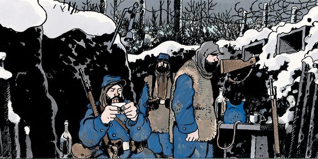 Eine Comiczeichnung von Soldaten im Schützengraben Eine Comiczeichnung von Soldaten im Schützengraben
