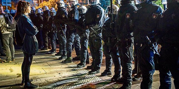 Eine Frau stellt sich einer Reihe Polizisten entgegen Eine Frau stellt sich einer Reihe Polizisten entgegen
