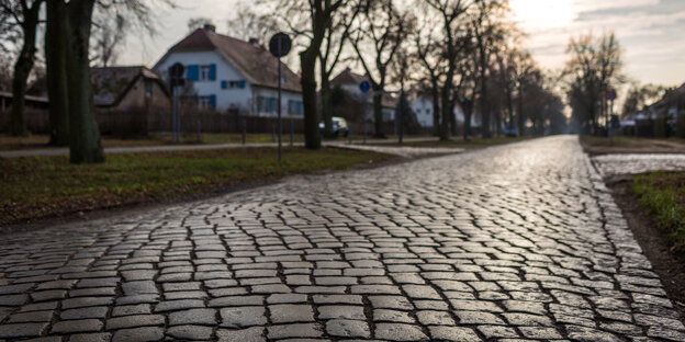 eine Pflastersteinstraße führt auf ein Dorf zu eine Pflastersteinstraße führt auf ein Dorf zu