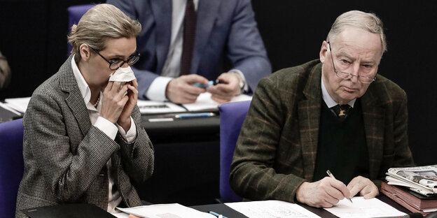 Alice Weidel und Alexander Gauland im Bundestag. Alice Weidel putzt sich die Nase Alice Weidel und Alexander Gauland im Bundestag. Alice Weidel putzt sich die Nase