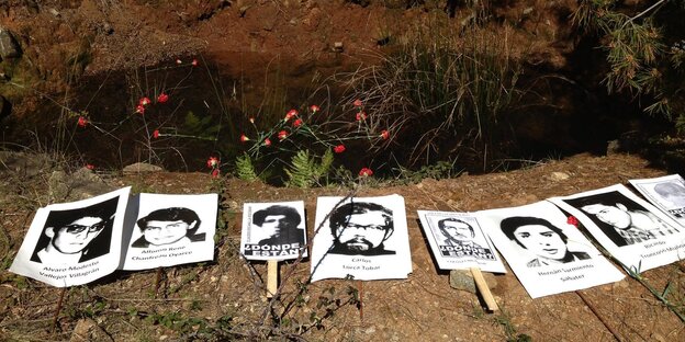 Plakate mit Fotos von Opfern der Pinochet-Diktatur liegen an einem Teich, in dem rote Nelken schwimmen Plakate mit Fotos von Opfern der Pinochet-Diktatur liegen an einem Teich, in dem rote Nelken schwimmen