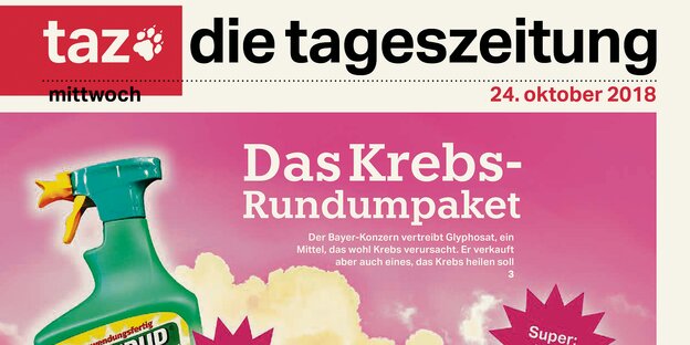 Ausschnitt der taz-Titelseite zu Bayer und Krebs Ausschnitt der taz-Titelseite zu Bayer und Krebs