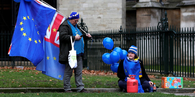 Brexit-Gegner: Zwei Menschen mit vielen EU-Flaggen und EU-Luftballons Brexit-Gegner: Zwei Menschen mit vielen EU-Flaggen und EU-Luftballons
