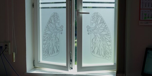 Ein Fenster mit darauf abgebildeten Lungenflügeln Ein Fenster mit darauf abgebildeten Lungenflügeln