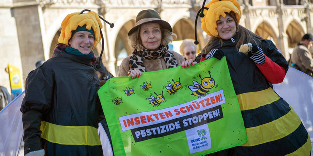 Aktivistinnen im Bienenkostüm und die Schauspielerin Michaela May Aktivistinnen im Bienenkostüm und die Schauspielerin Michaela May