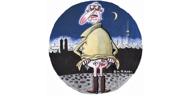 Karikatur von Inspektor Derrick. Auf seinem nackten Hintern hat er ein Hakenkreuz und eine rote Fahne mit sich schüttelnden Händen, im Hintergrund ist die Silhouette Münchens Karikatur von Inspektor Derrick. Auf seinem nackten Hintern hat er ein Hakenkreuz und eine rote Fahne mit sich schüttelnden Händen, im Hintergrund ist die Silhouette Münchens