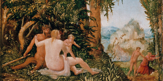 Der Ausschnitt des Gemäldes „Landschaft mit Satyrfamilie“ von Albrecht Aldorfer in der Berliner Gemäldegalerie zeigt unter anderem einen Satyr und seine nackte menschliche Gemahlin mit ihrem Kind. Der Ausschnitt des Gemäldes „Landschaft mit Satyrfamilie“ von Albrecht Aldorfer in der Berliner Gemäldegalerie zeigt unter anderem einen Satyr und seine nackte menschliche Gemahlin mit ihrem Kind.