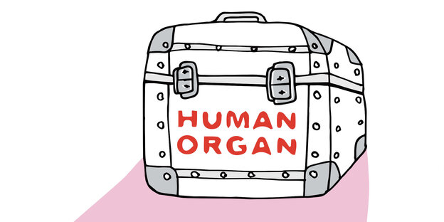 Eine Zeichnung zeigt einen Koffern mit der Aufschrift "Human Organ" Eine Zeichnung zeigt einen Koffern mit der Aufschrift "Human Organ"