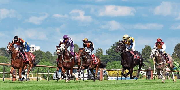 Pferde und Jockeys beim Rennen auf der Galopprennbahn in der Vahr. Pferde und Jockeys beim Rennen auf der Galopprennbahn in der Vahr.